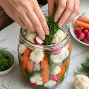Fresh dill sprigs tucked between colorful vegetables in the fermentation jar