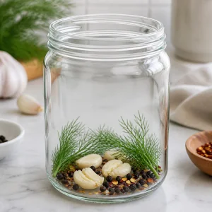 Garlic dill peppercorns and red pepper flakes placed at the bottom of a clean jar