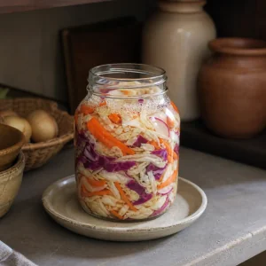 Jar of fermenting vegetables resting on a small plate in a cool shaded spot
