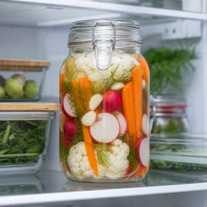 Sealed jar of finished fermented vegetables stored on a refrigerator shelf