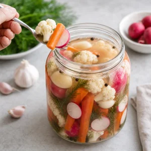 Tangy fermented vegetables tasted from an open jar with carrots cauliflower and radishes on a spoon