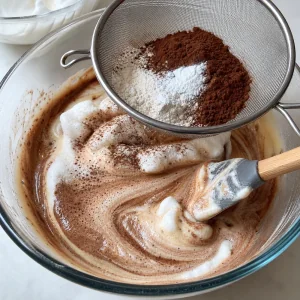 Cocoa and flour being folded into airy cake roll batter