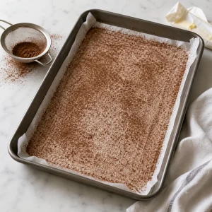 Cocoa-dusted parchment-lined jelly roll pan ready for batter
