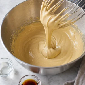 Ribboning egg yolk and brown sugar mixture in a bowl