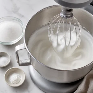 Whipped egg whites forming soft peaks in a mixer bowl