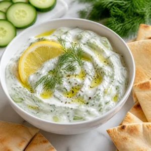 Cool and creamy vegan tzatziki with fresh dill, cucumber, lemon, olive oil, and pita