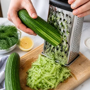 English cucumber grated on the large holes of a box grater
