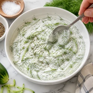 Fresh dill, salt, and black pepper stirred into creamy vegan tzatziki