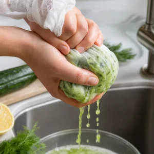 Grated cucumber squeezed in cheesecloth to remove excess liquid