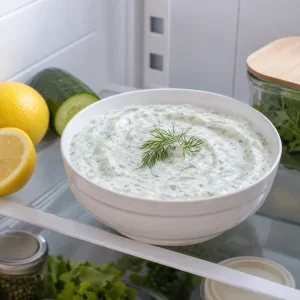 Prepared vegan tzatziki chilling in the refrigerator before serving