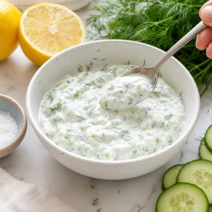 Vegan tzatziki tasted and adjusted with lemon and sea salt