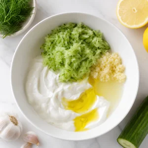 Vegan yogurt, squeezed cucumber, garlic, lemon juice, and olive oil combined in a bowl