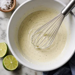 Cremiges Dressing in einer Schüssel mit Schneebesen