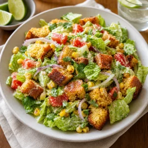 Servierter Maisbrotsalat mit Limette daneben