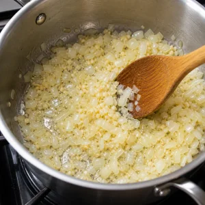 Cipolla tritata e aglio che si ammorbidiscono nell’olio