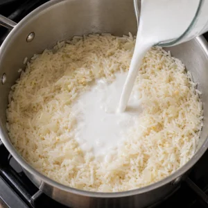 Latte di cocco versato sul riso in casseruola
