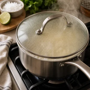 Casseruola coperta che fuma leggermente mentre il riso al cocco sobbolle
