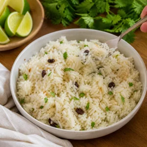 Riso al cocco soffice servito con spicchi di lime e coriandolo