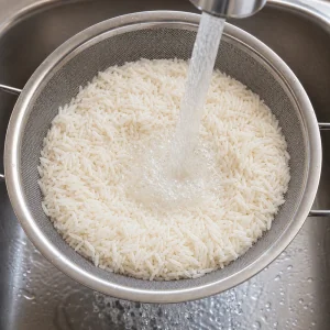 Riso a chicco lungo sciacquato sotto acqua fredda