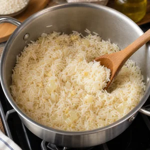 Chicchi di riso mescolati con cipolla e aglio in casseruola