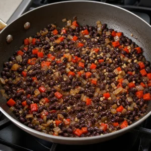 Black beans added to peppers and onions in a skillet