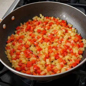 Chopped onion and red bell pepper softening in a skillet
