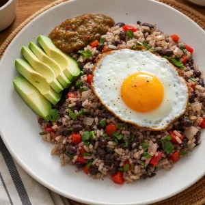 Costa Rican gallo pinto with a fried egg, avocado, and sauce