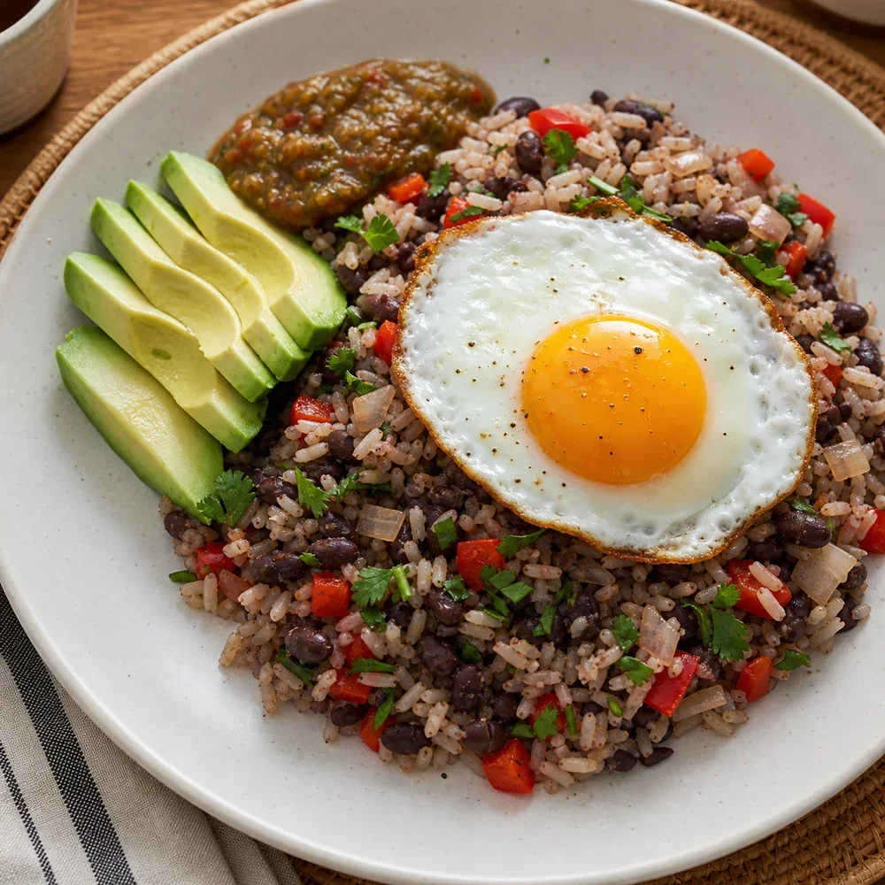 Costa Rican gallo pinto with a fried egg, avocado, and sauce