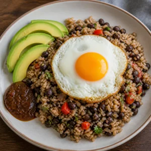 Plated gallo pinto topped with a fried egg and avocado