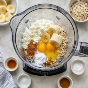 Vaso de licuadora con requesón, plátano, huevos, avena, canela y otros ingredientes para panqueques.