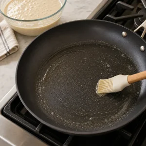 Sartén antiadherente ligeramente engrasada con mantequilla o aceite antes de añadir la masa.