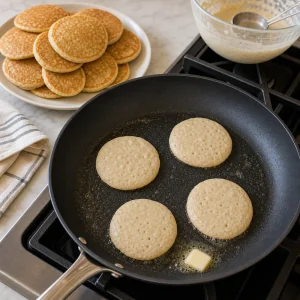 Segunda tanda de panqueques cocinándose mientras otros dorados reposan en un plato cercano.