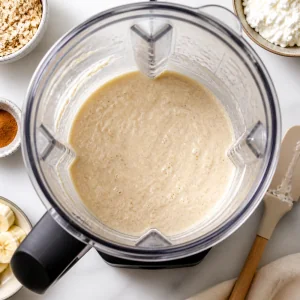 Masa lisa de panqueques de plátano y avena en una licuadora con pequeñas motas de avena.