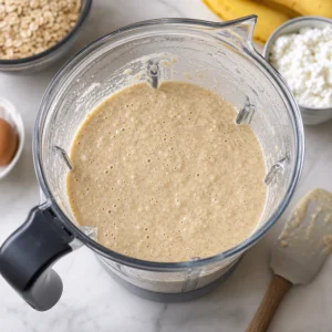 Masa de panqueques de plátano y avena más espesa reposando en una licuadora abierta.