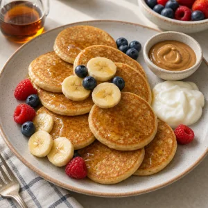 Panqueques tibios de requesón y plátano servidos con plátano, frutos rojos, yogur, sirope y crema de frutos secos.