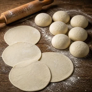 Bolas de massa e discos finos de pão em uma tábua enfarinhada