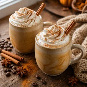 Finished pumpkin spice lattes with cinnamon and vanilla froth