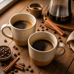Fresh espresso divided between two ceramic mugs