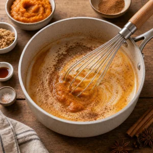 Pumpkin milk mixture whisked in a saucepan