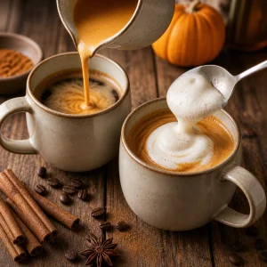 Pumpkin milk poured over espresso with froth on top