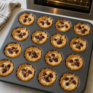 Bocaditos de brie horneados con brie derretido, arándanos rojos y nueces en vasitos dorados de filo.