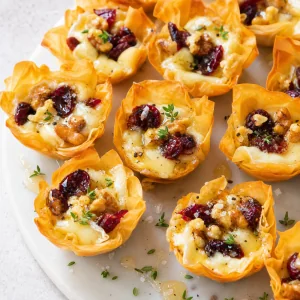 Bocaditos de brie con arándanos rojos y nueces en vasitos dorados de masa filo con un chorrito de miel.
