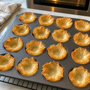 Vasitos vacíos de masa filo horneados ligeramente hasta dorarse en un molde de mini muffins.