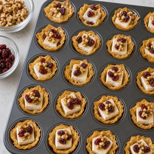 Vasitos de masa filo rellenos con cubos de brie, arándanos rojos secos y nueces tostadas.