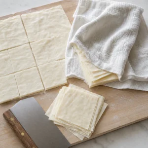 Láminas de masa filo cortadas en cuadrados pequeños y cubiertas con un paño húmedo.