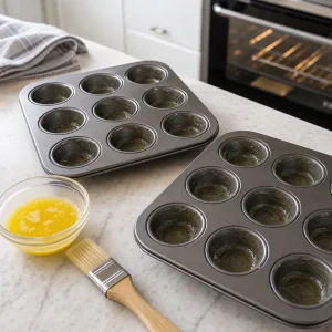 Dos moldes para mini muffins untados con mantequilla derretida junto a un horno precalentándose.