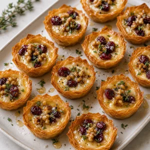 Bocaditos tibios de brie con arándanos rojos y nueces, rociados con miel y espolvoreados con tomillo.
