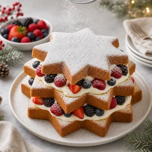 Pandoro recheado com creme finalizado com açúcar de confeiteiro e frutas