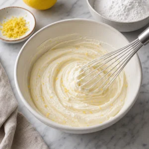 Creme de mascarpone batido com açúcar de confeiteiro, baunilha e raspas de limão