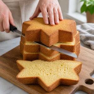 Pandoro fatiado horizontalmente em camadas de bolo em forma de estrela